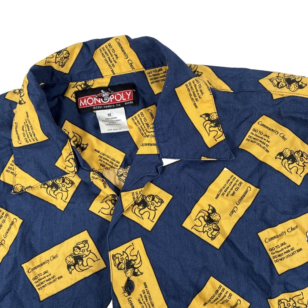 Vtg Monopoly Game Go To Jail Blue Yellow Button-Up Shirt Community Chest Medium